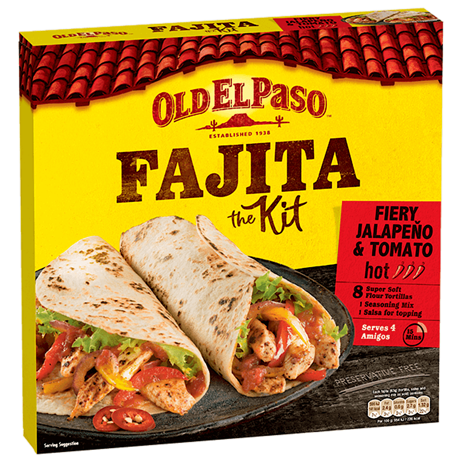 pack of Old El Paso's fiery jalapeno & tomato hot fajita kit containing super soft tortillas, seasoning mix & salsa (500g)